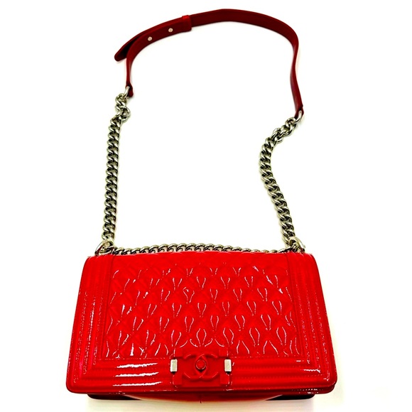 Chanel Boy Red Plexiglass Quilted Matelasse Patent Leather Med Shoulder Bag Ex++ - Picture 11 of 16